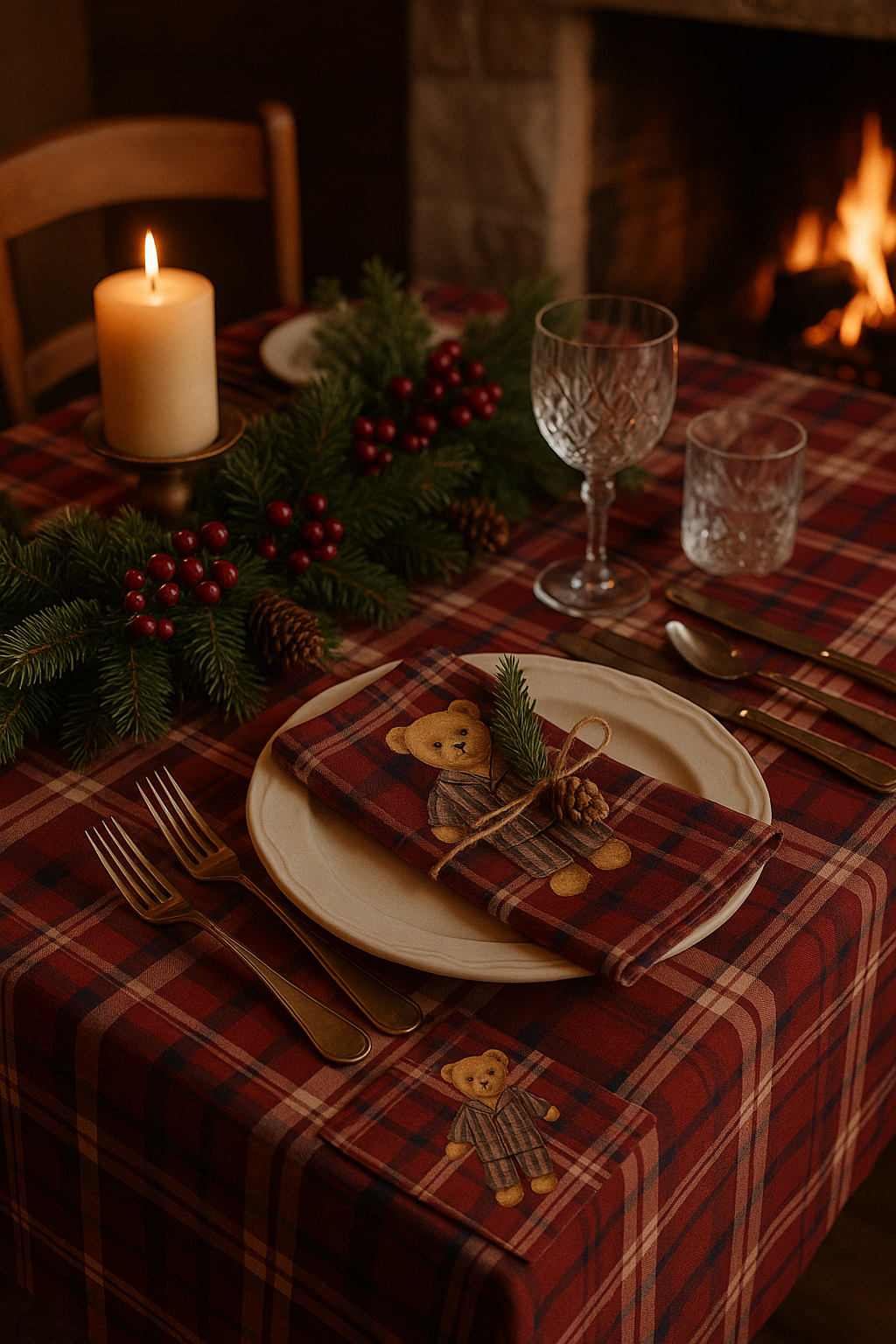 Mantel - Colección Navidad - oso cuadro rojo