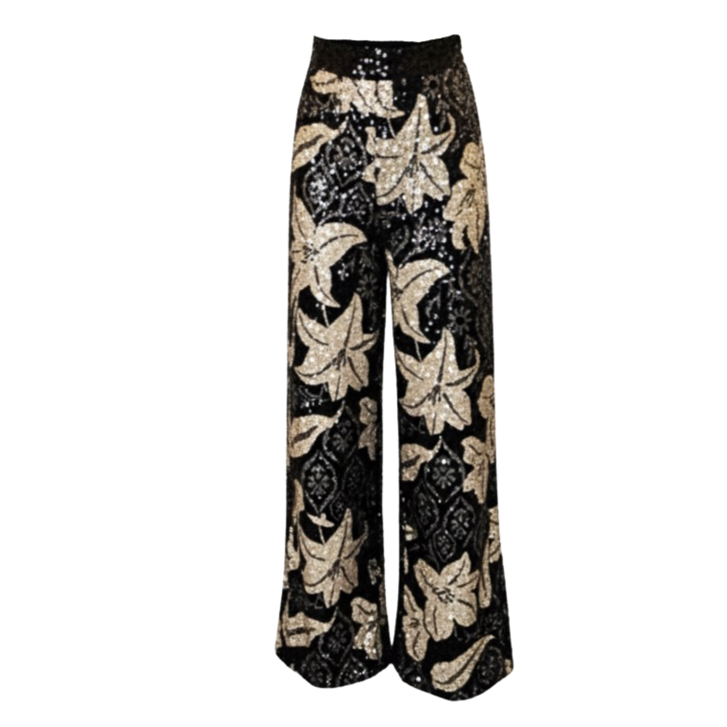 Pantalon en lentejuelas flores negras