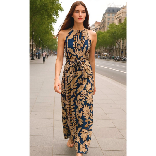 Colección vestidos- vestido flores azules y taupe