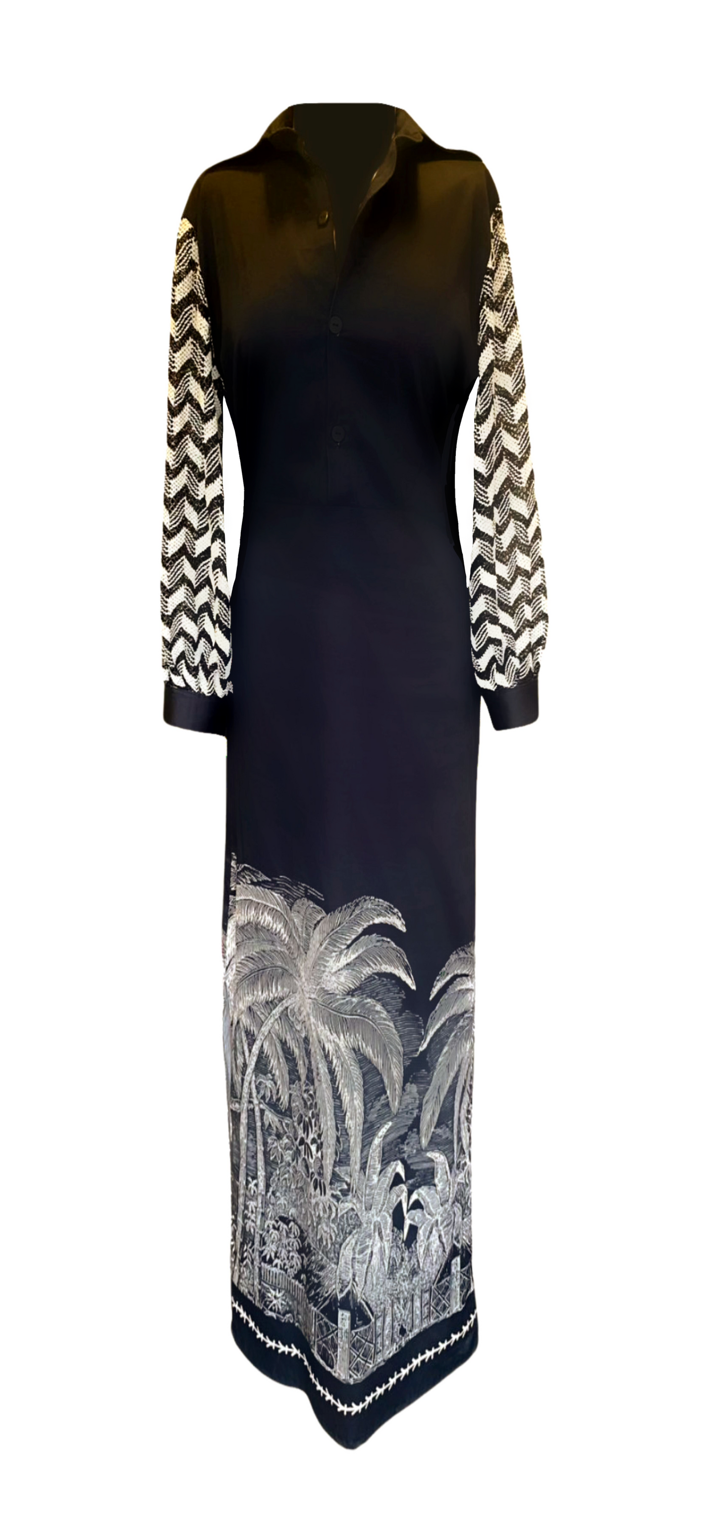 Colección vestidos-vestido palmas mangas negro y beige