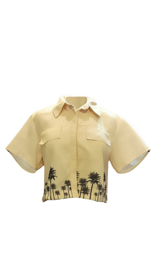 Colección blusas- Camisa beige palmas negras