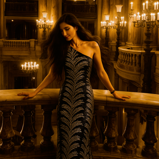 Colección vestidos- vestido lentejuelas un hombro palma plateada