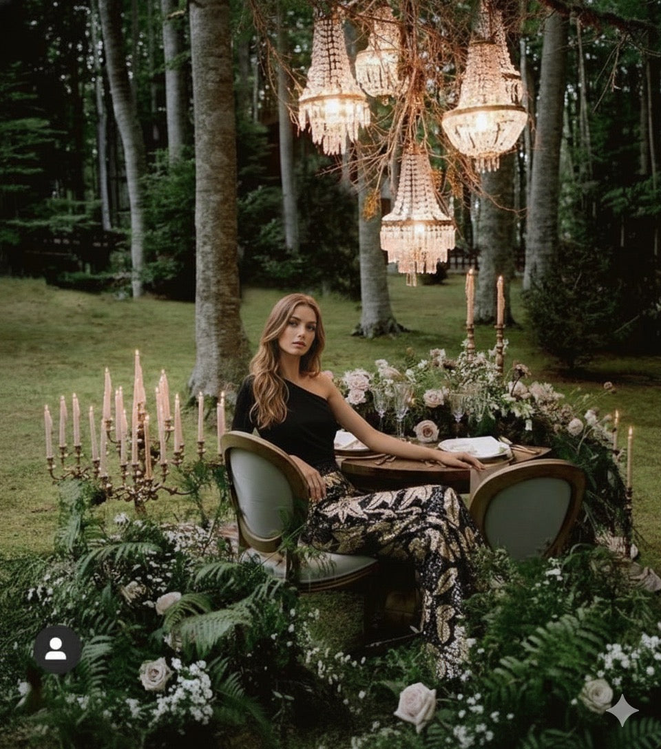 Pantalon en lentejuelas flores negras