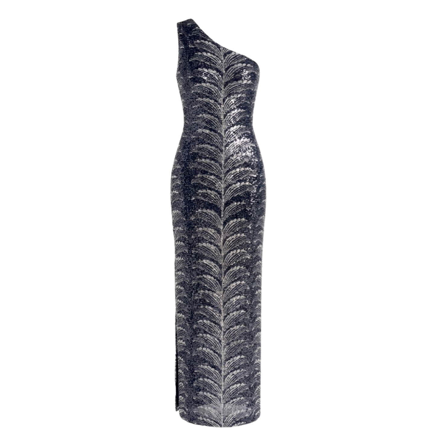 Colección vestidos- vestido lentejuelas un hombro palma plateada